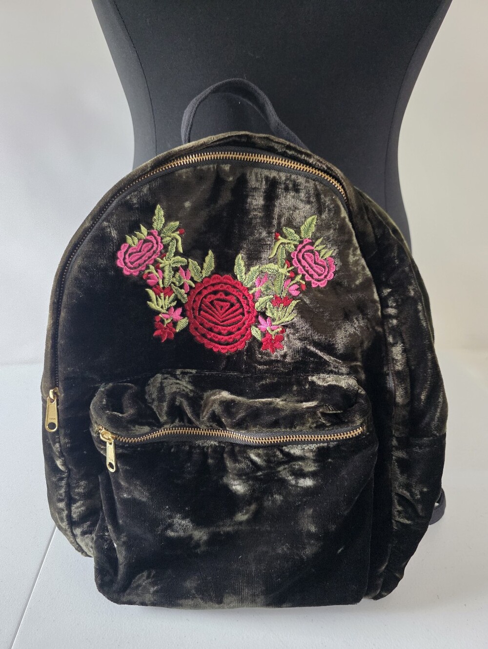 Velvet Backpack Floral Embroidery Zip Pockets Plush Wearable Art World Market